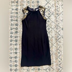 Black Dress with Gold Accent Sleeves - Women's Elegant Sheath